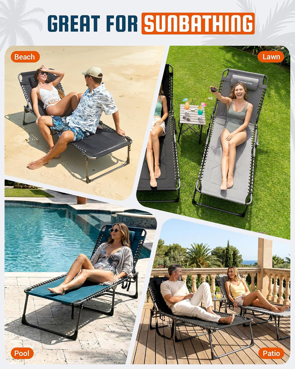 KingCamp Oversized Tanning Chair Padded Lounge Chair, Black | Extra-Wide Padd...