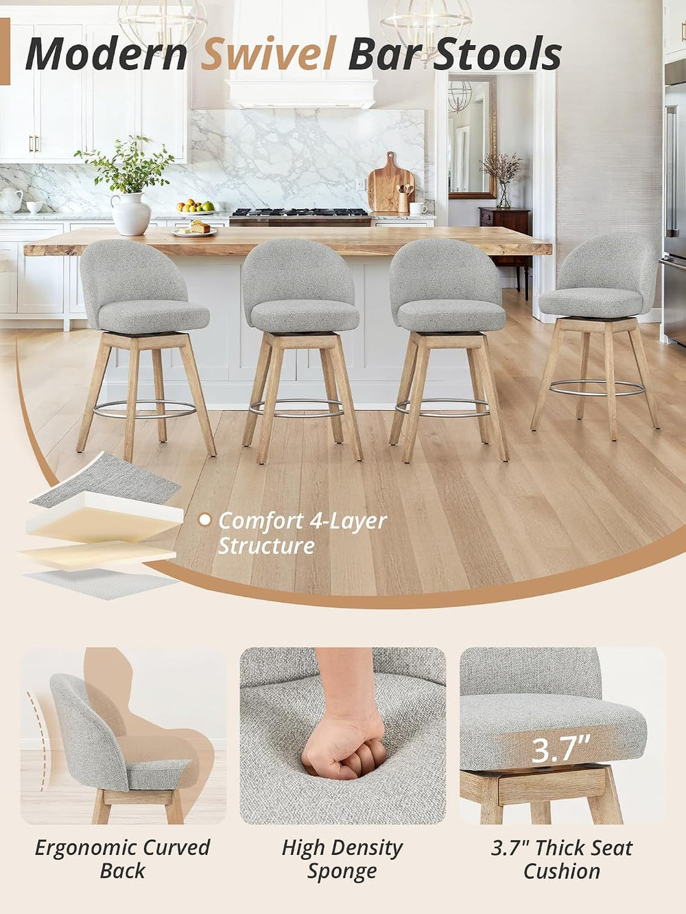 LUE BONA 360° Swivel Bar Stools Set of 4, 26" Wood Legs, Fabric Light Gray