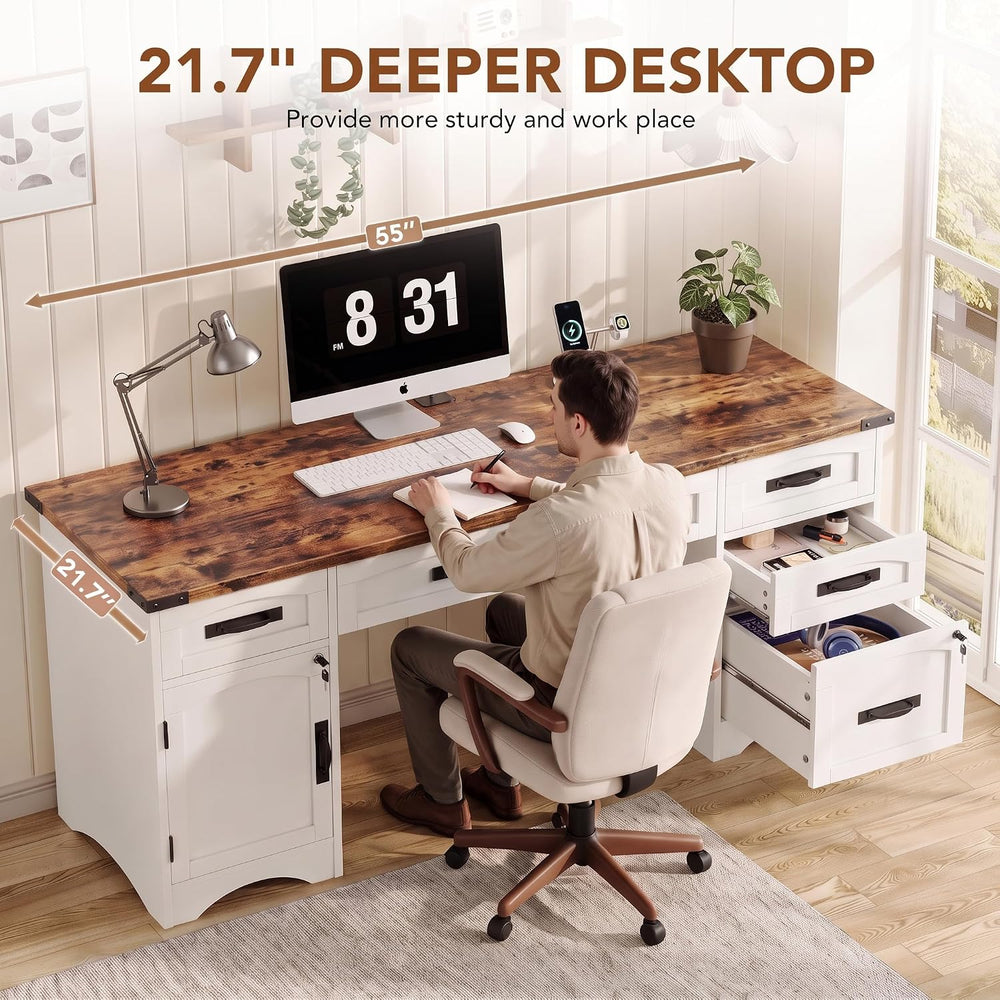 Decofy Farmhouse Executive Desk with Drawers, 55" Home Office Desks with...