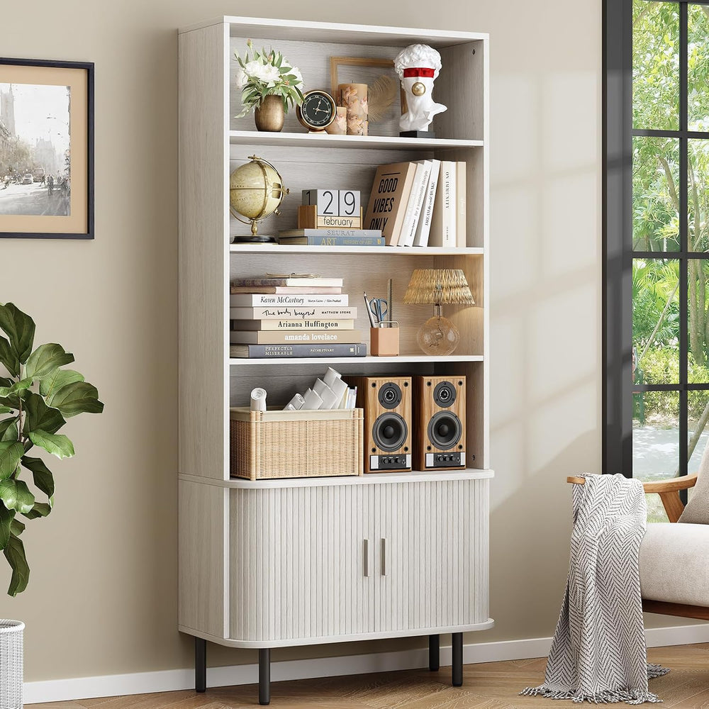 ONBRILL 71" Bookshelf with Sliding Door, Bookcase Cabinet, Natural White