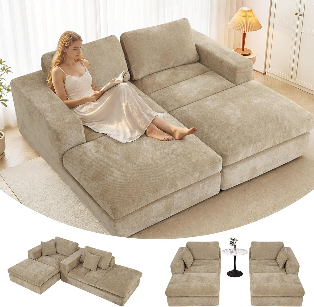 81" Oversized Double Chaise Lounge, Cloud Boneless Sofa Bed, Khaki
