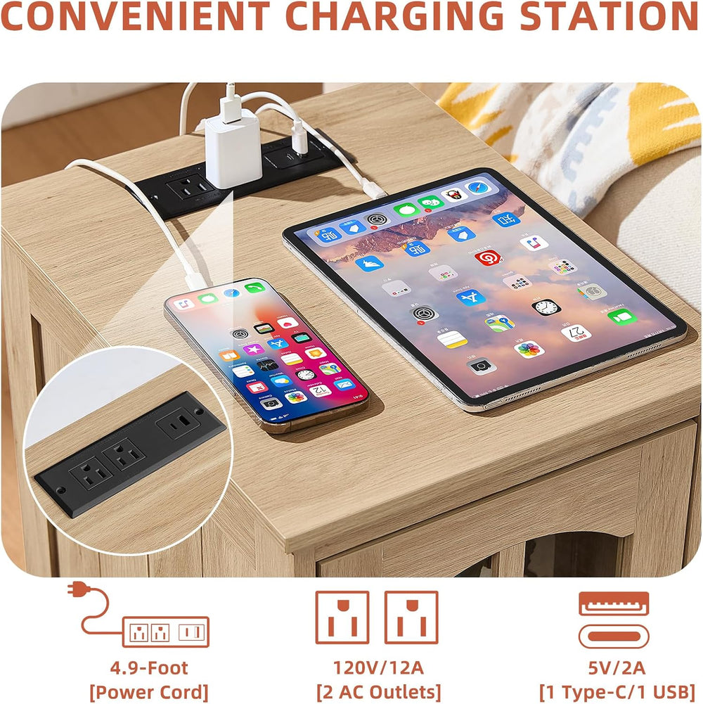 RWYHG Narrow Side Table, Farmhouse Nightstand with Charging Station | End Tab...