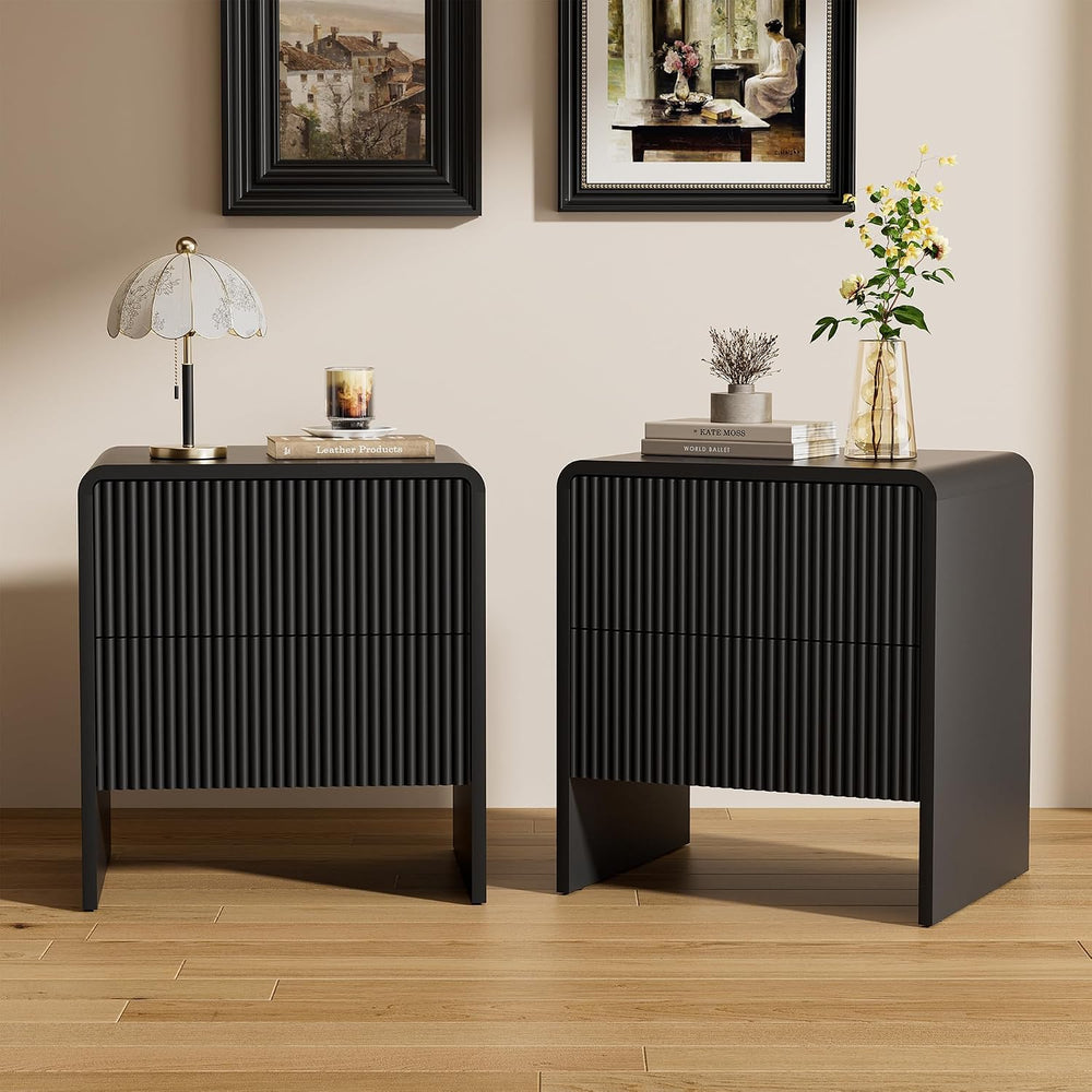 Furniway Set of 2 Modern Curved Nightstand with 2 Drawers, Push-to-Open Woode...