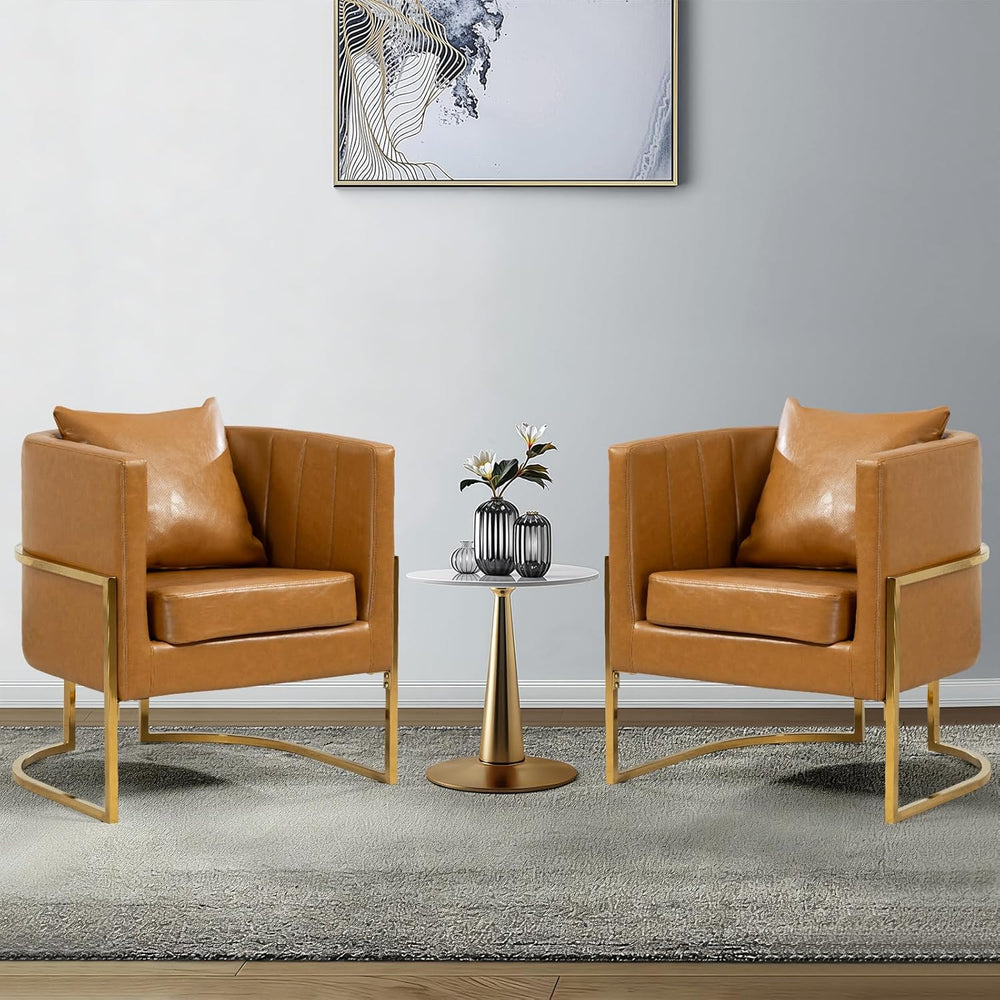 Leather Accent Chairs Set of 2, Mid Century Modern Upholstered Barrel Armchai...
