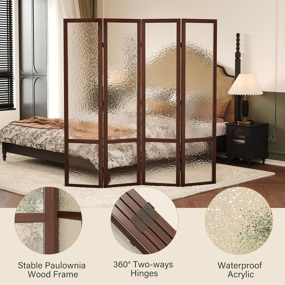Svimi Acrylic Room Divider, Frosted 4-Panel Folding Screen, Walnut