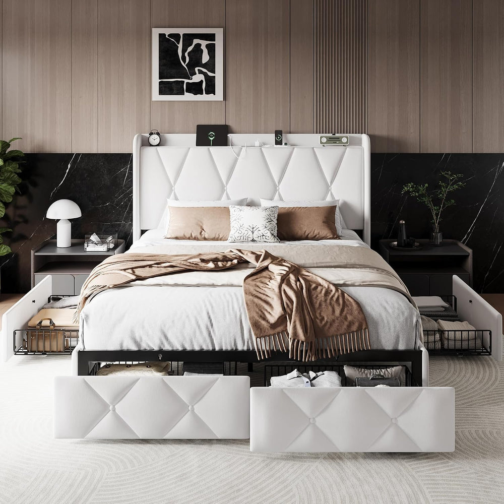 Einhomn Queen Bed Frame with 4 Storage Drawers and Charging Station, Upholste...
