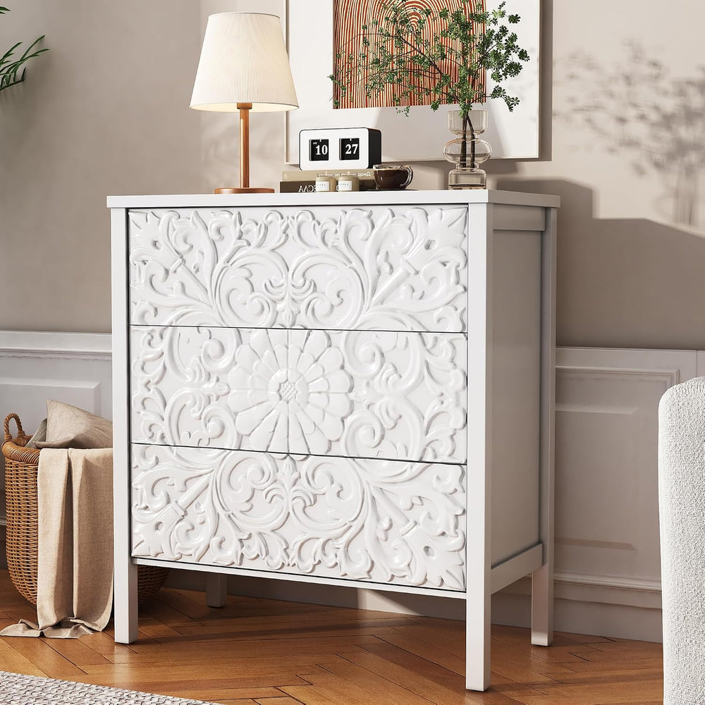 3-Drawer Dresser Chest, Modern Wooden Flower Motif Dressers with Wide Storage...