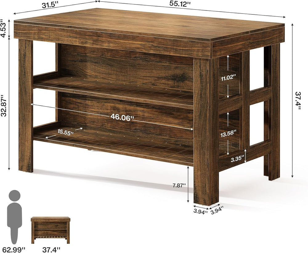 Tribesigns Kitchen Island with Seating and Storage Shelves, 55.1-Inch Breakfa...