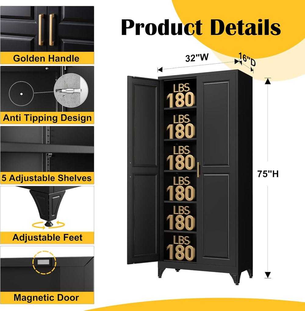 SteeLoong 75”Metal Pantry Storage Cabinet with Doors & 5 Adjustable Shelv...
