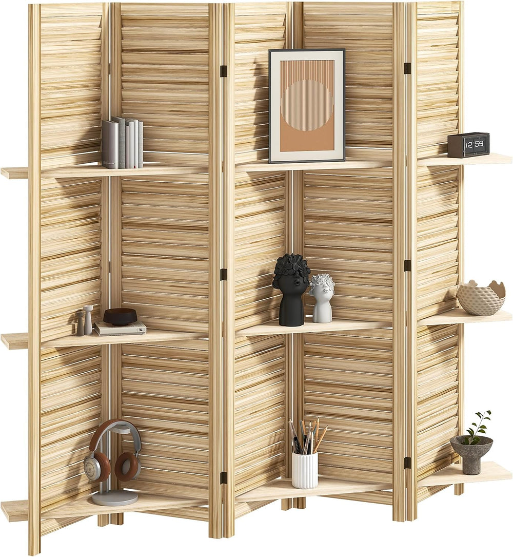 HOMCOM Room Divider with Shelves, 5 Panel, 67" Tall, Natural Wood