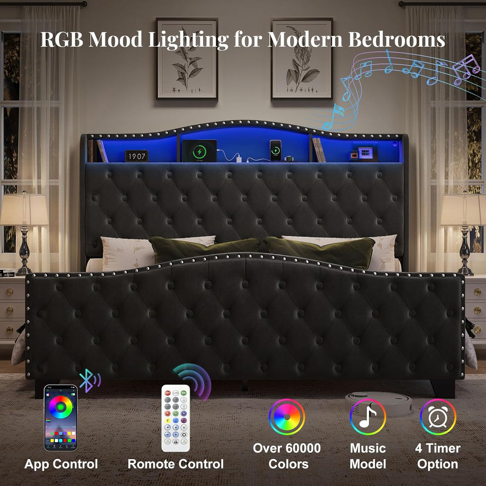 Belffin Platform Bed Frame with 50.9" LED Headboard, King Black