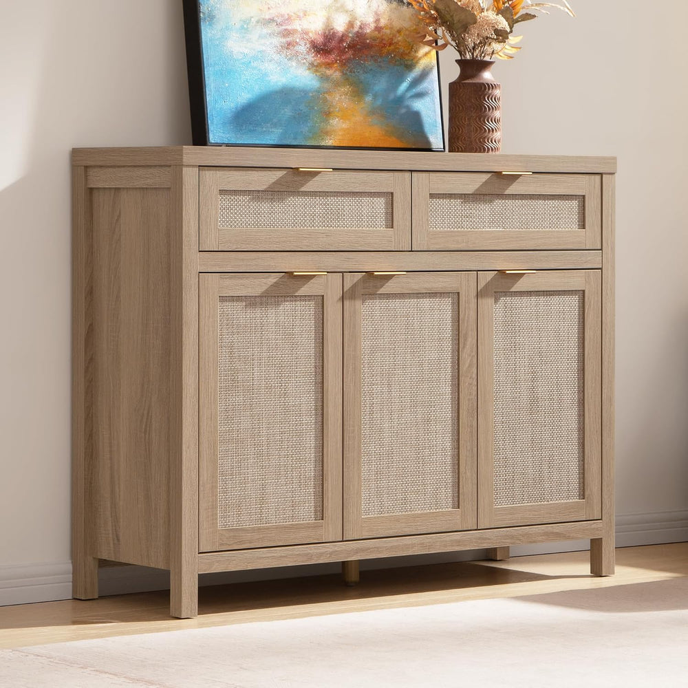 SICOTAS Rattan Sideboard Buffet Cabinet with Storage, Boho Credenza Accent