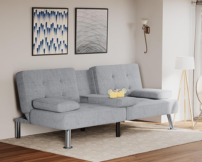 Flamaker Futon Sofa Bed Modern Folding Futon Set Linen Fabric Convertible Rec...
