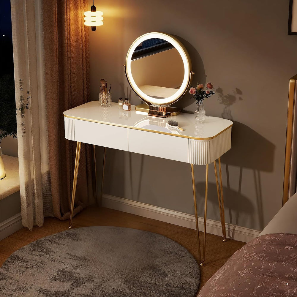 Furnistar White & Gold Vanity Desk with Round LED Mirror & 2 Drawers ...