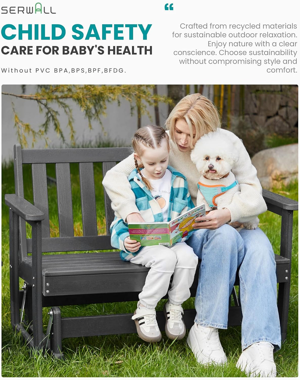 SERWALL 2 Person Patio Glider Bench, HDPE All Weather Swinging Bench, Grey