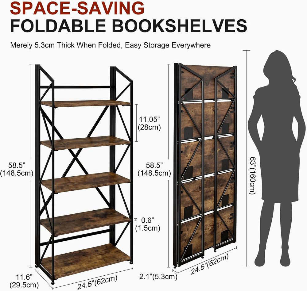 5 Tier Folding Bookshelf, No Assembly Foldable Storage Shelves, Brown