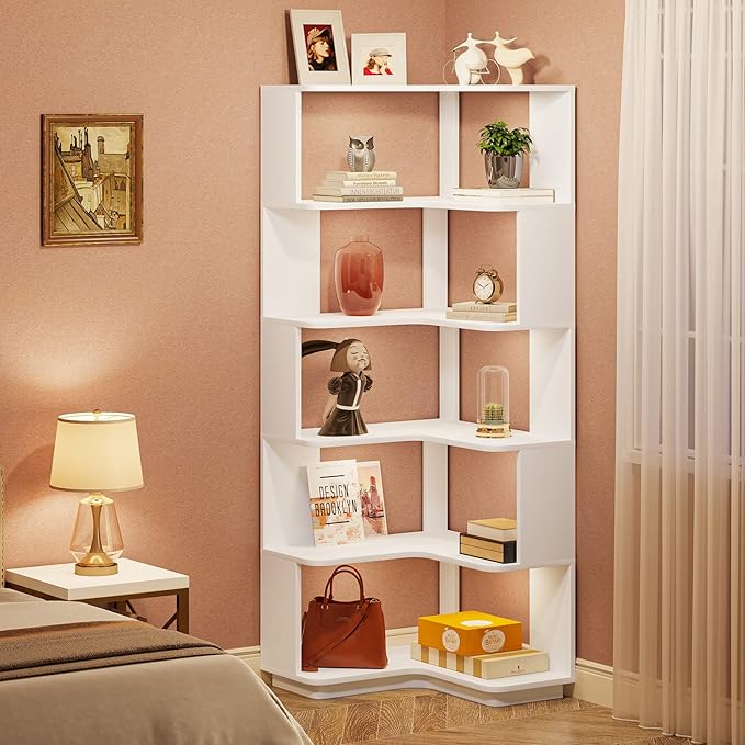 LITTLE TREE Corner Bookshelf, 64.9 Inch Tall Bookcase with Anti-Drop Panel, M...