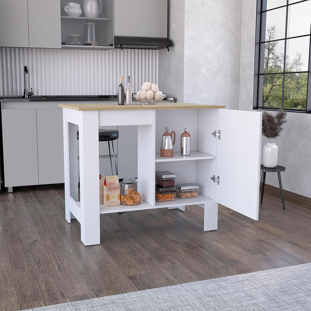 Modern White and Macadamia Kitchen Island with Single Door Cabinet Storage Sh...