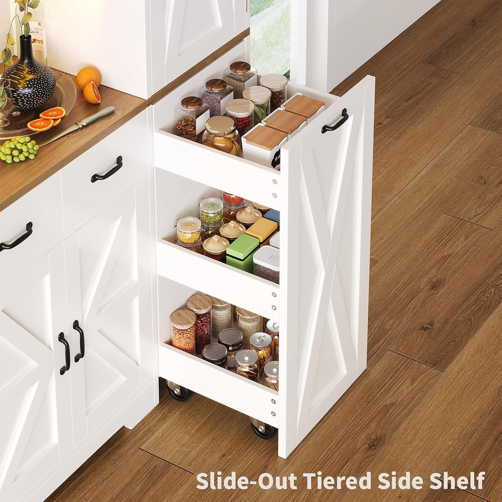 70.9" Tall Farmhouse Pantry Cabinet with Pull-Out Storage Cart & LED...