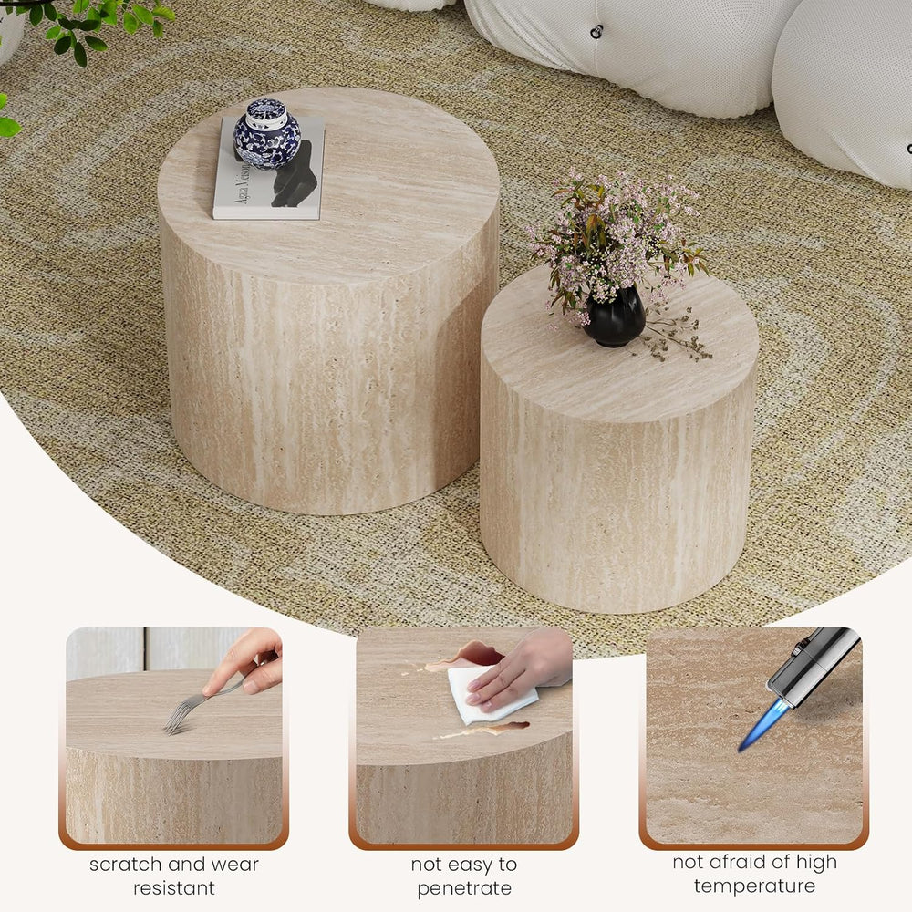 Nesting Coffee Table Set of 2 (Travertine) | Modern Round Center Ttable, Non-...