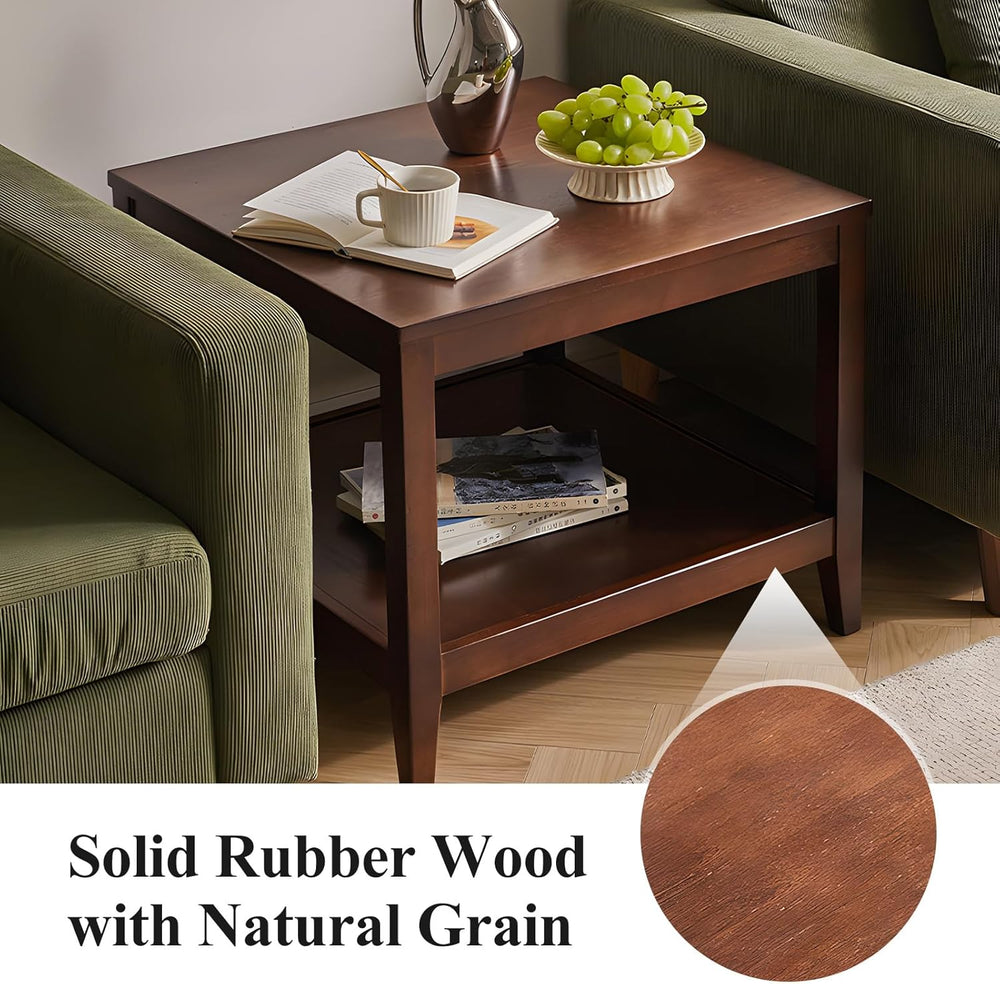 Side Table, Solid Wood Square End Table with Storage Shelf, 2-Tier Coffee Tab...