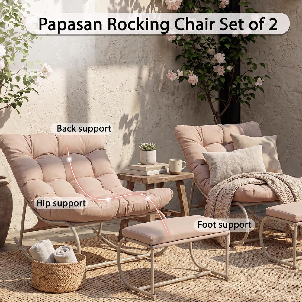 Double Papasan Rocking Chair Set of 2 with Ottoman, Khaki