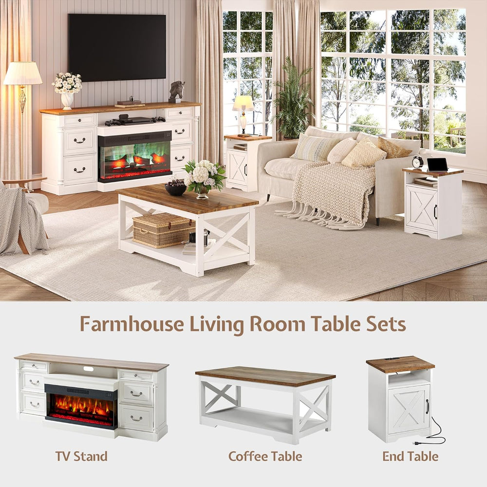 LUXOAK 3 Piece Living Room Table Set with Barn Door, Distressed White | Inclu...