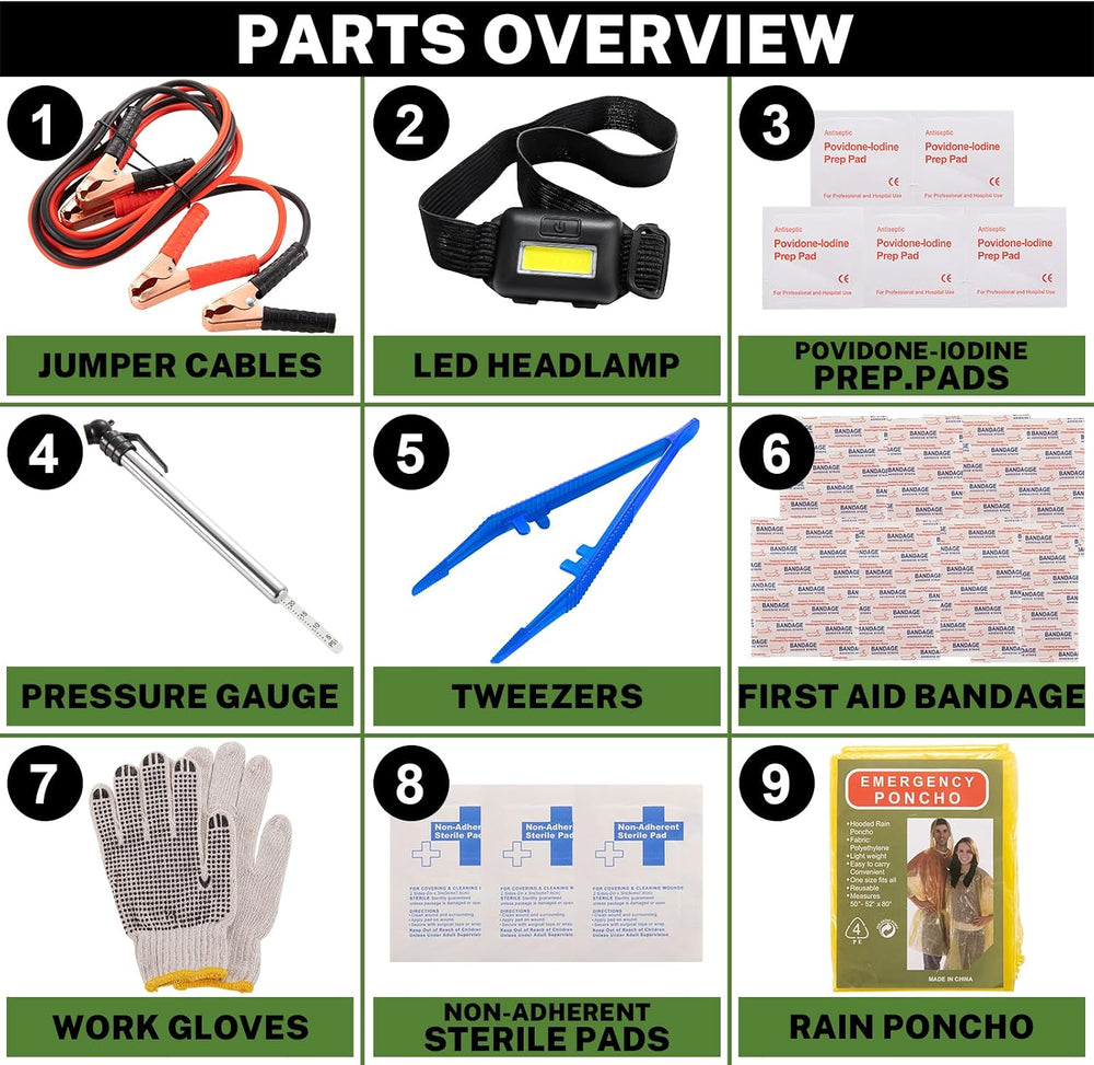 Car Emergency Kit with Battery Jumper Cables, Black