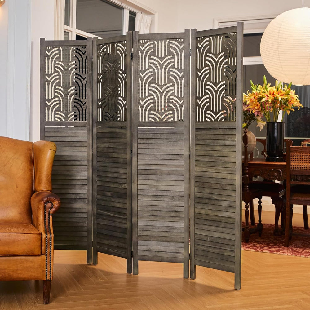 Svimi Folding Room Divider, 66.9 Inch 4 Panels Wood Carved Privacy Screens, F...