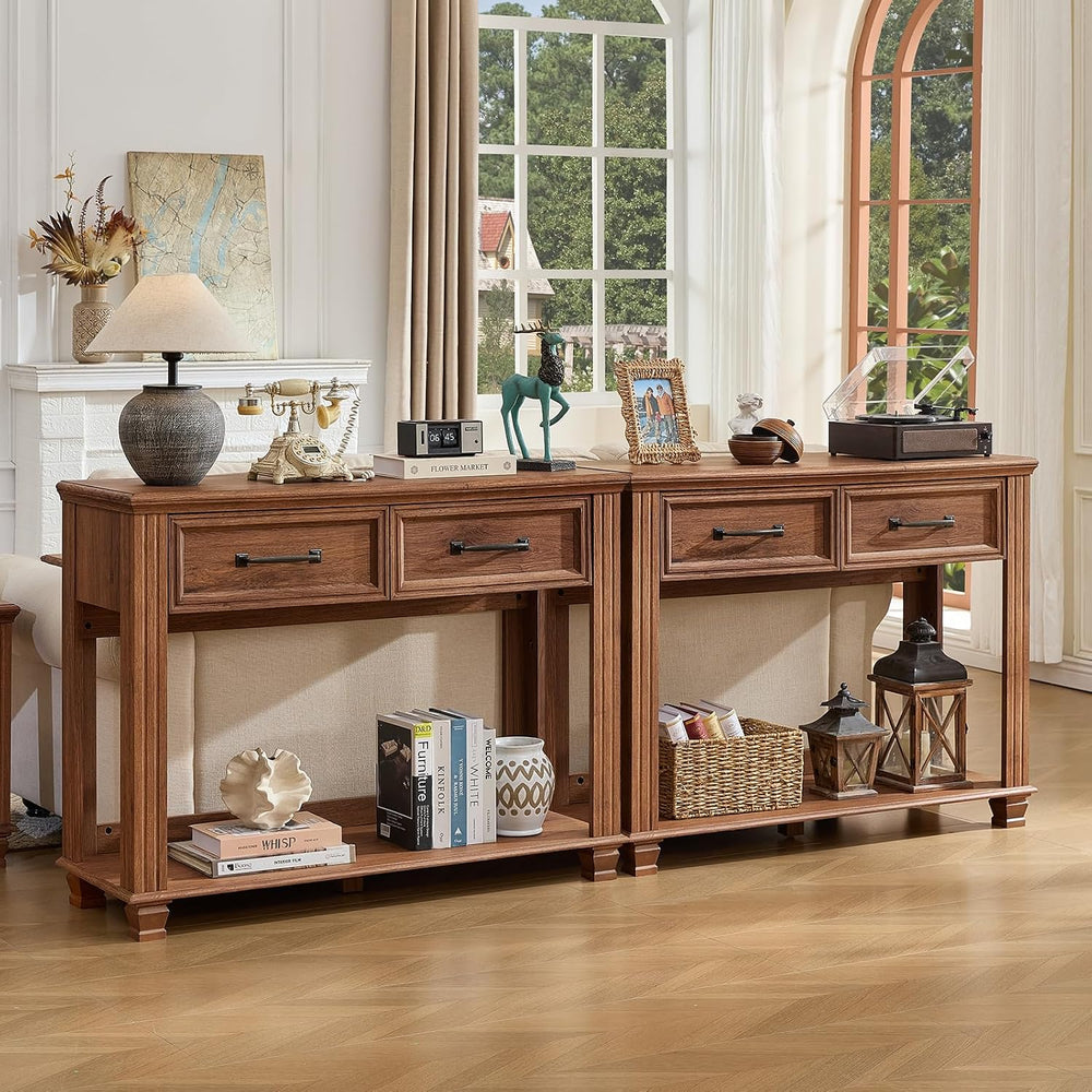 SAVOR LIFE 46" Farmhouse Console Table with Drawers, Brown Entryway Tabl...