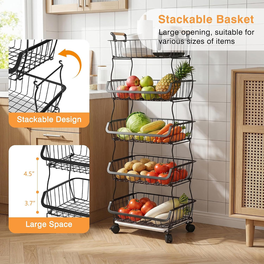 VECELO 5-Tier Fruit Basket with Wheels, Fruit and Vegetable Storage Cart for ...