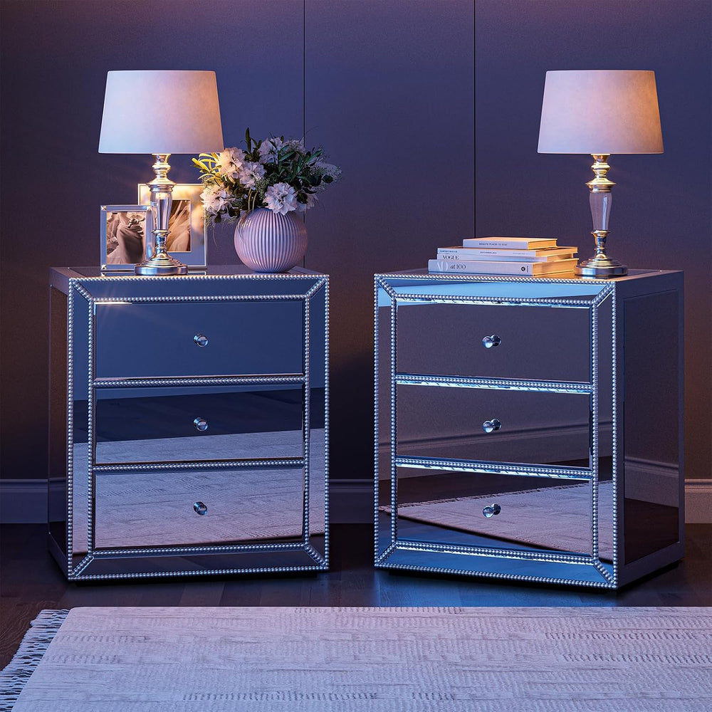 IKIFLY Mirrored Nightstand with 3 Drawers, Silver End Table with Crystal Hand...
