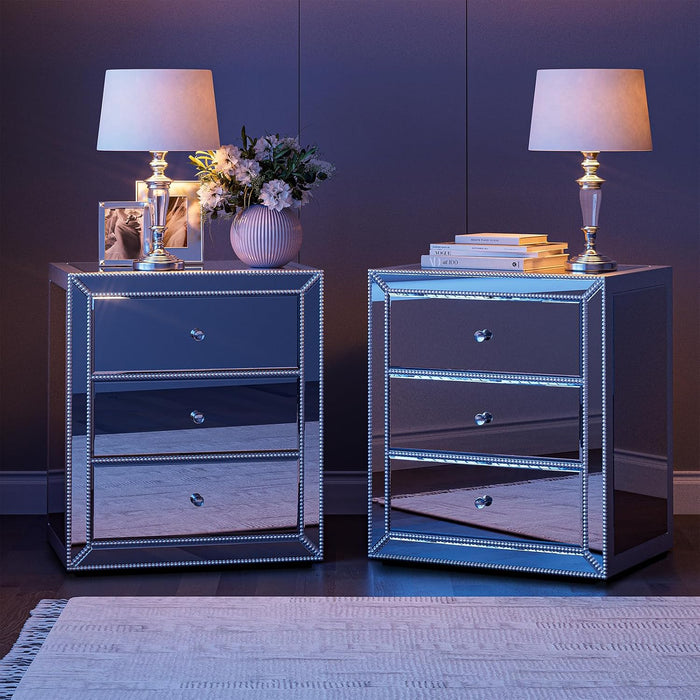 IKIFLY Mirrored Nightstand with 3 Drawers, Silver End Table with Crystal Handles, Modern Bedside Table for Living Room, Bedroom