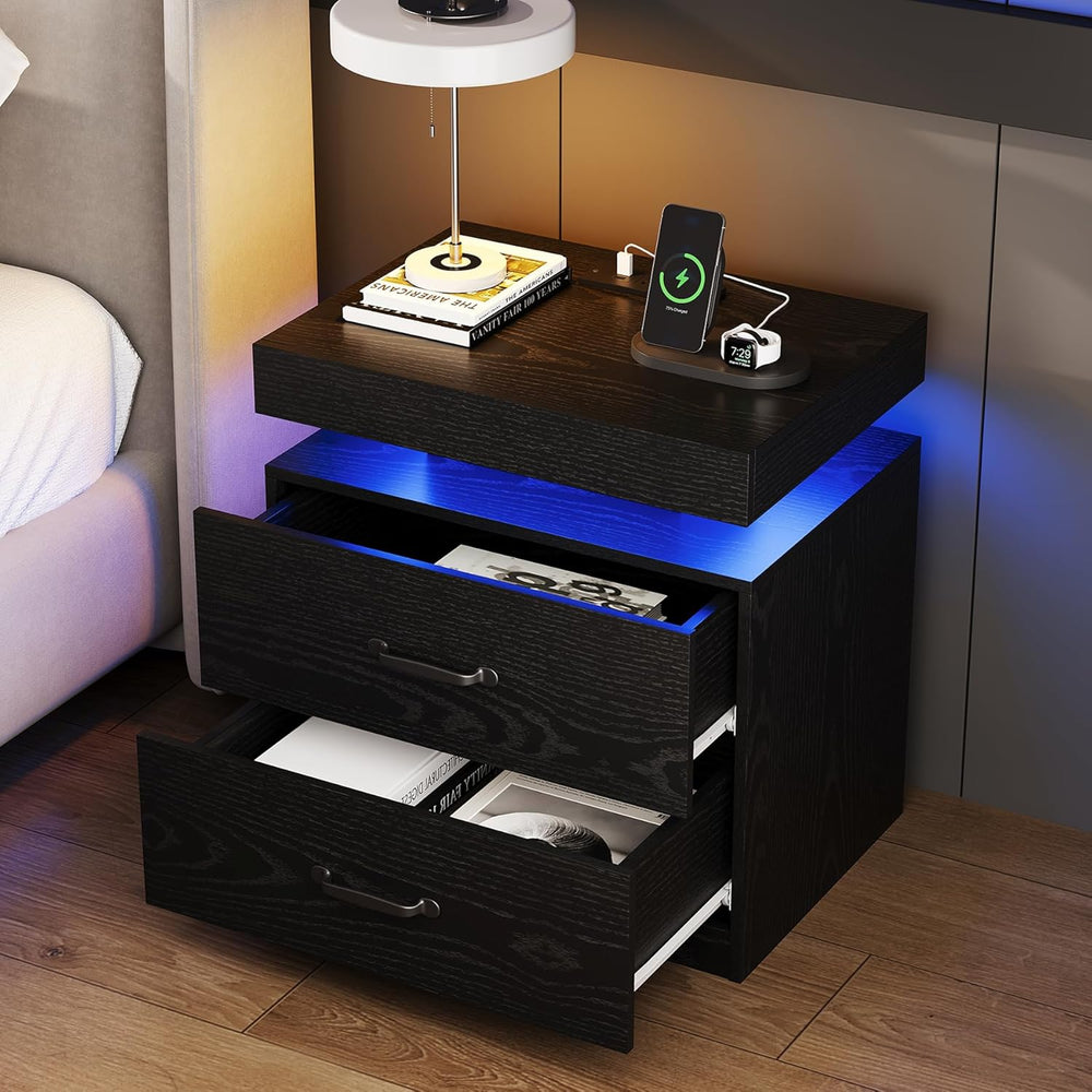 Black Nightstand with Charging Station, Modern Night Stand with LED Lights, E...
