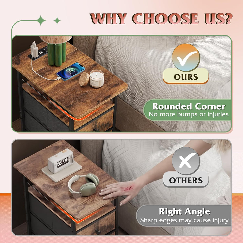 WLIVE Narrow Side Table with Charging Station, End Table with LED Lights,3 Fa...