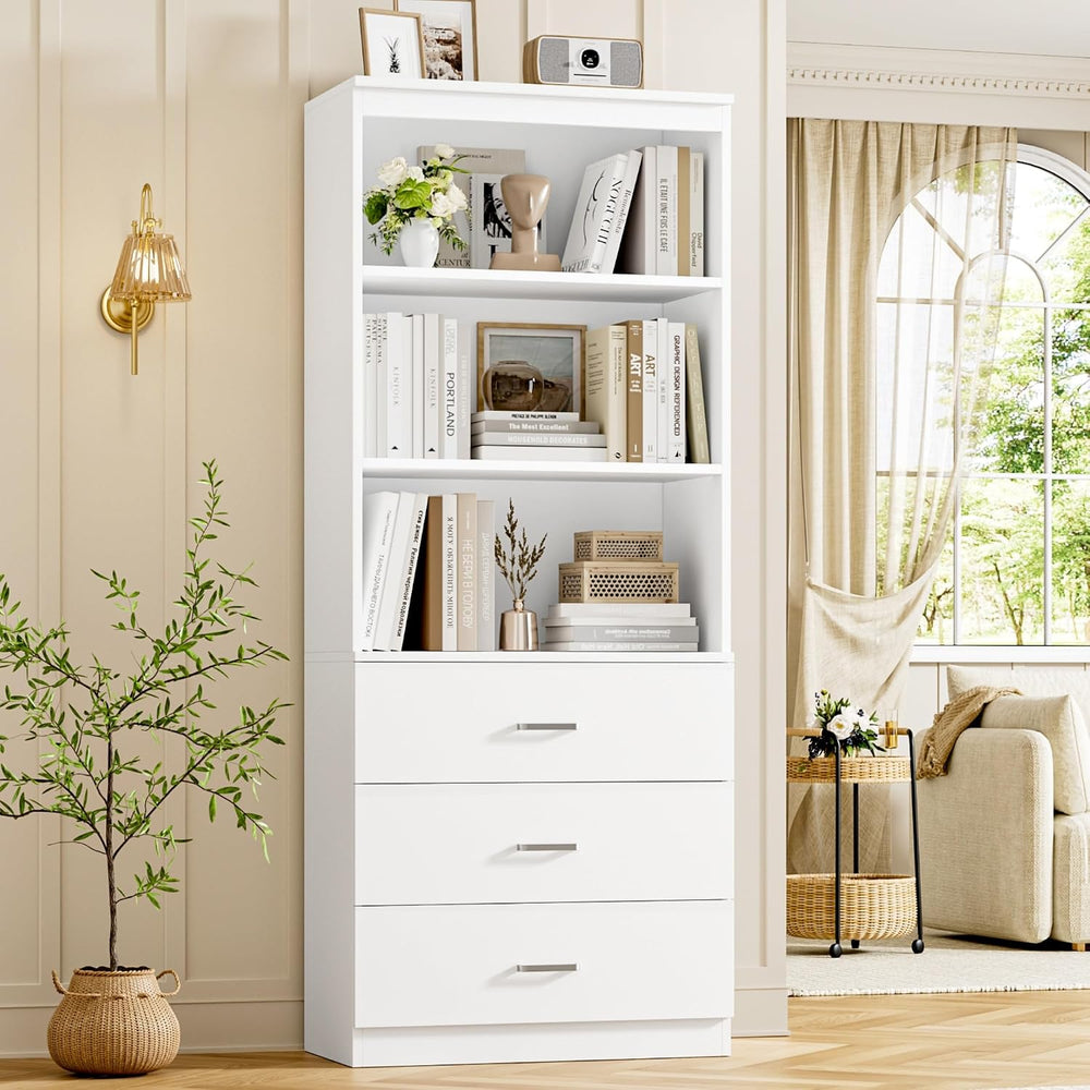 FOTOSOK 71" White Bookshelf with 3 Drawers, Tall Bookshelf and Bookcase