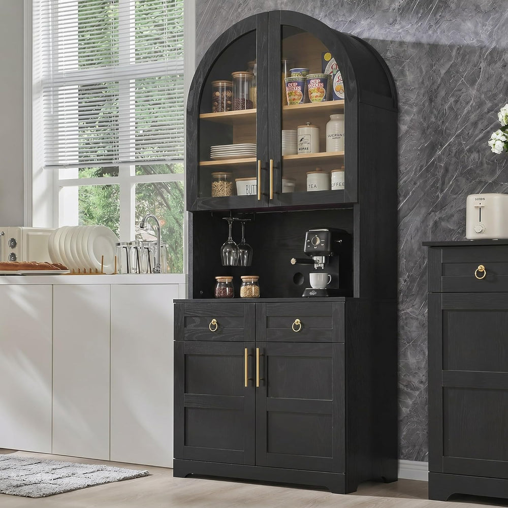 74.8" Tall Arched Kitchen Pantry with Power Outlet & LED Light, Kitc...