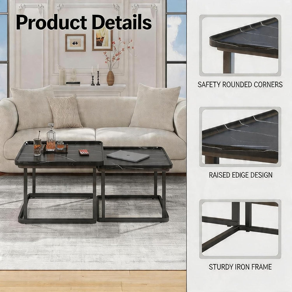 Set of2 Nesting Coffee Tables, Space‑Saving Side Table Set,Black | Stackable ...