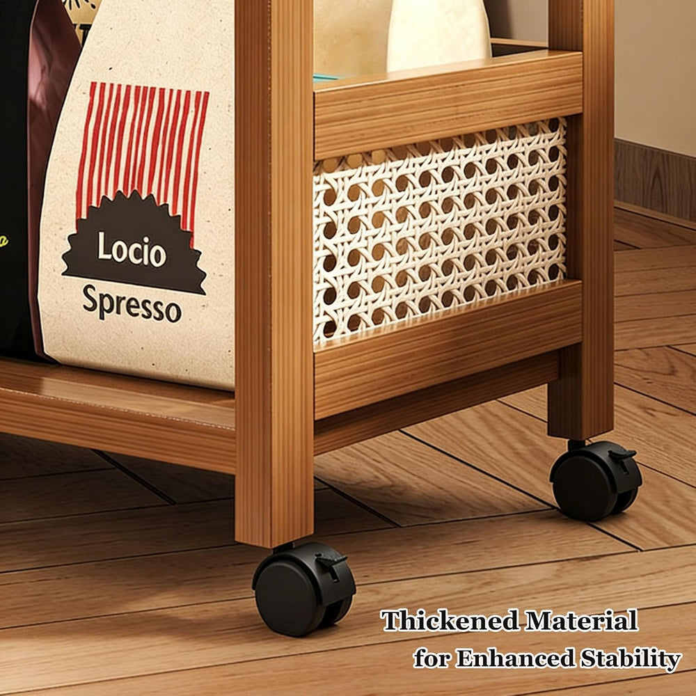 Rattan Side Table with Universal Wheels,Vintage Style Movable Coffee Table, S...