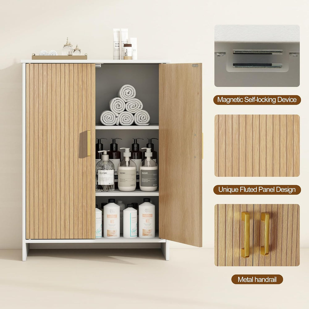 Bathroom Storage Cabinet, Floor Cabinet with 2 Fluted Doors and 2 Adjustable ...