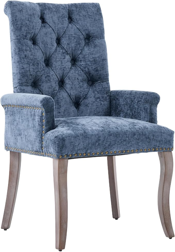 Upholstered Tufted Chenille Dining Chairs with Arms & Nailhead Trim – Sol...