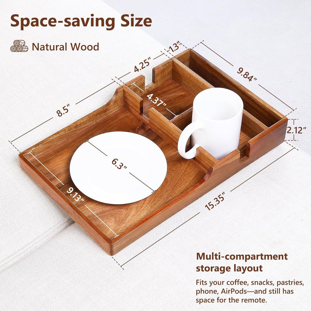 Couch Insert Tray for Middle Seat, Acacia Wood Couch Table with 2 Cup Holders...
