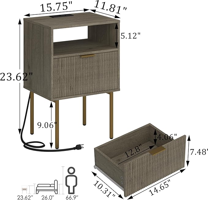 Modern Nightstand with Charging Station and LED Lights, White Bedside Table w...