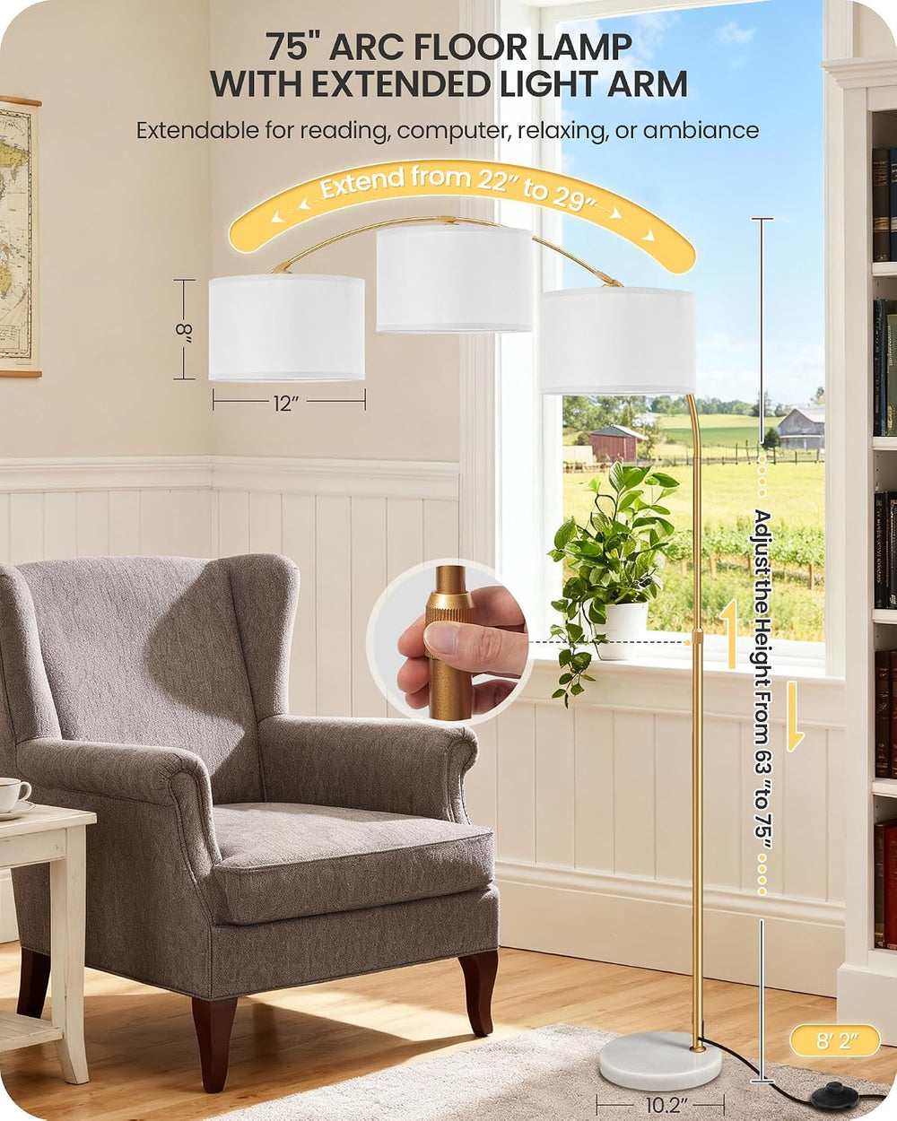 75" Dimmable Gold Arc Lamp with Marble Base, Adjustable Height, White Shade