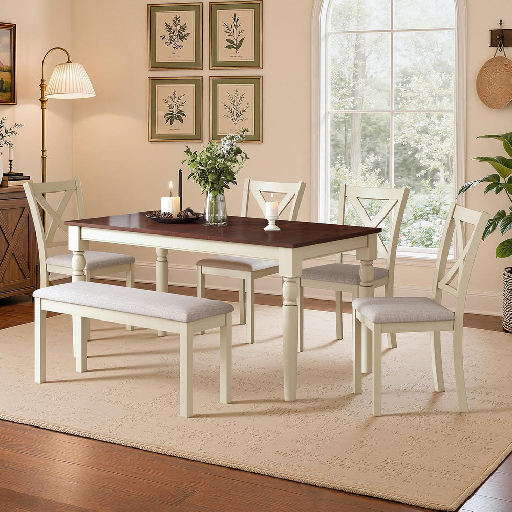 LUXOAK 6 Piece Solid Wood Dining Table Set with 60" Farmhouse Table | So...