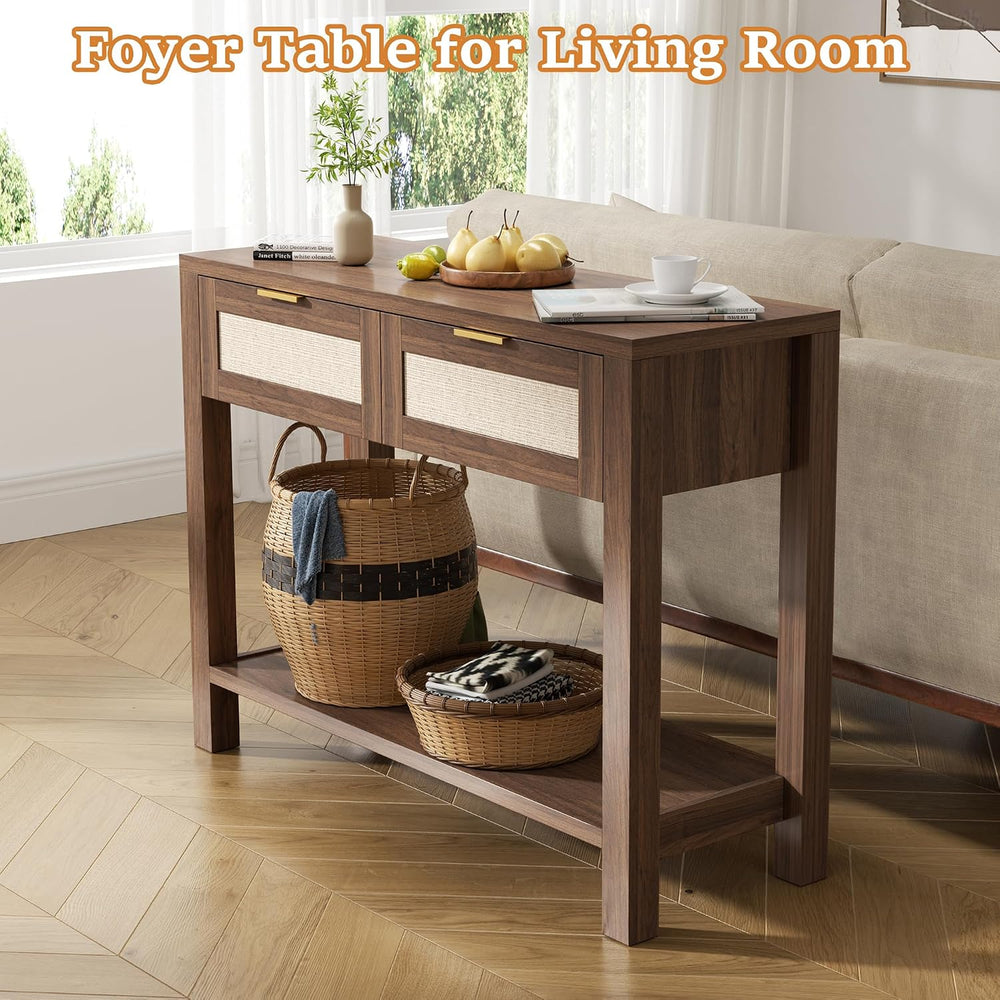Boho Chic Console Table with 2 Rattan Drawers and Open Shelf Storage, Narrow ...
