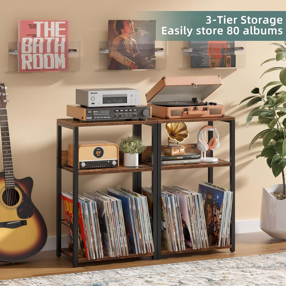 LELELINKY Record Player Stand Set of 2, 3-Tier End Side Table with Vinyl Reco...