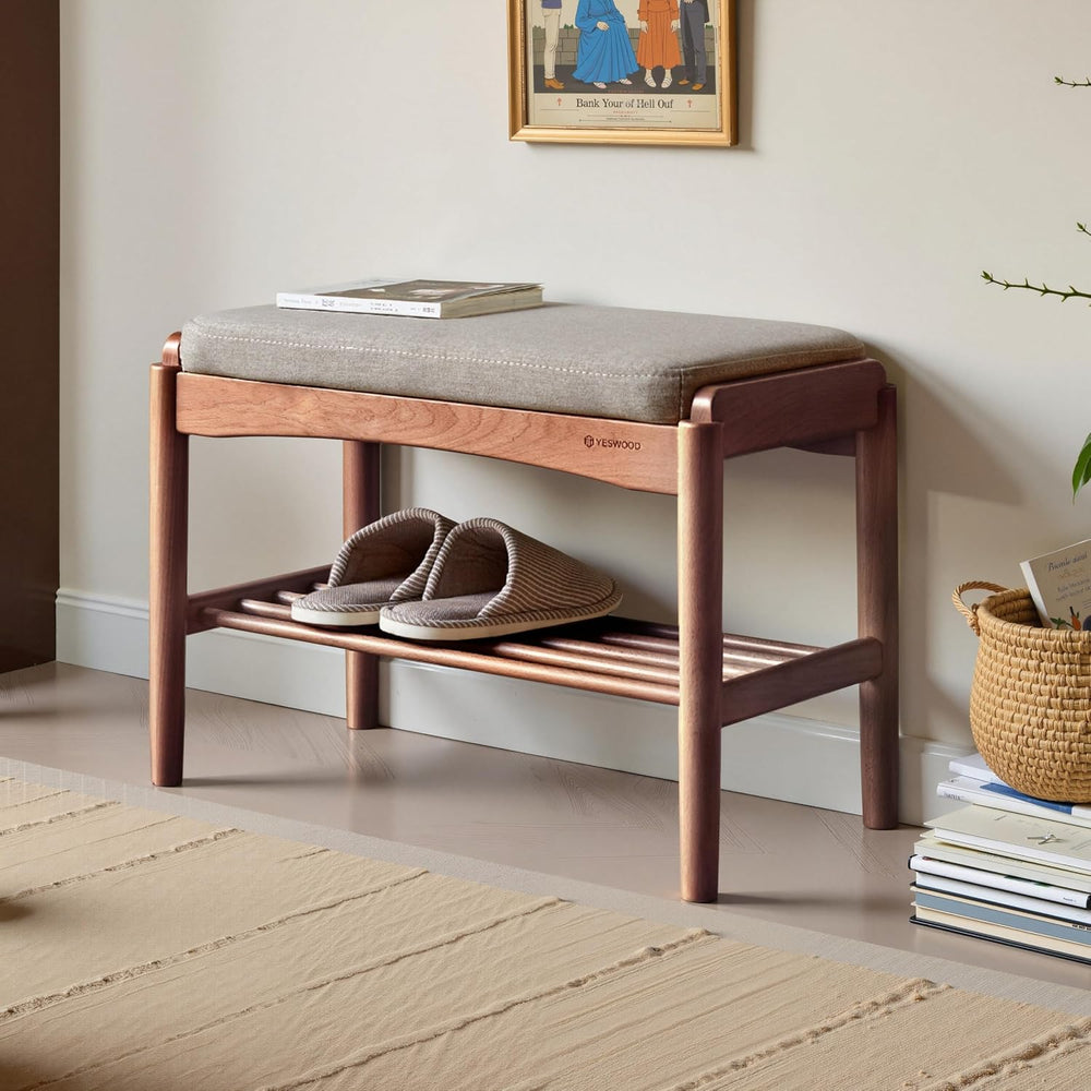 Solid Wood Shoe Bench, 24 Inch Entryway Bench with Gray Cushion | Rich walnut...