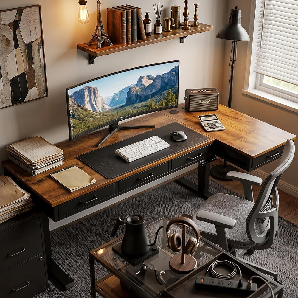 OffiGo 63 Inch L Shaped Electric Standing Desk with 4 Drawers, Rustic Brown |...