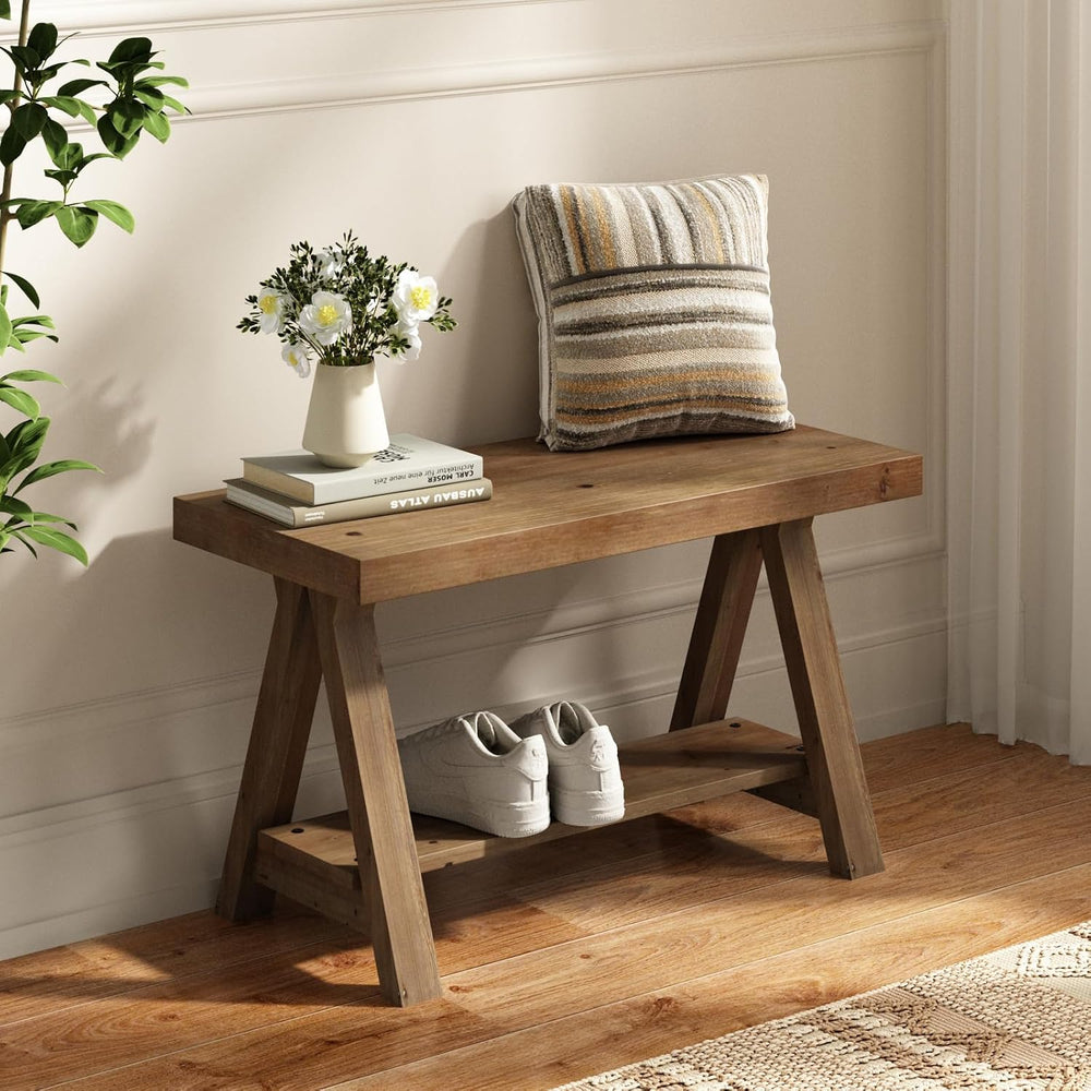 RowyPoey Solid Wood Bench, 30" Farmhouse Entryway Bench with Shoe Storag...